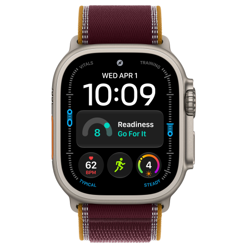 Apple Watch Ultra 4 49mm, Natural Titanium, Trail Loop Burgundy, M/L