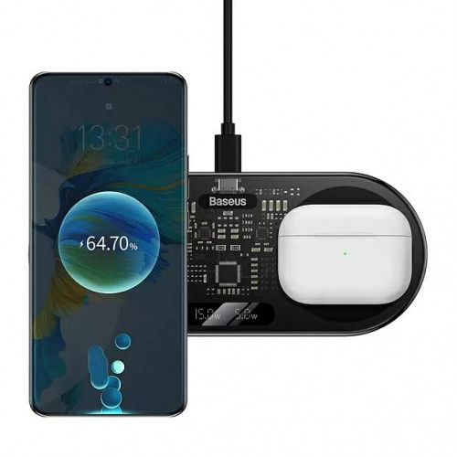 Беспроводное зарядное устройство Baseus 2in1 Digital LED Display 20w, Black